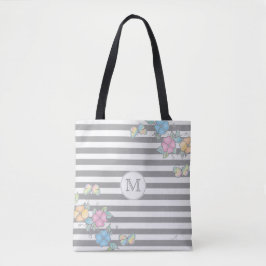 Boterfly Floral Striped Monogram Grey Tote Bag