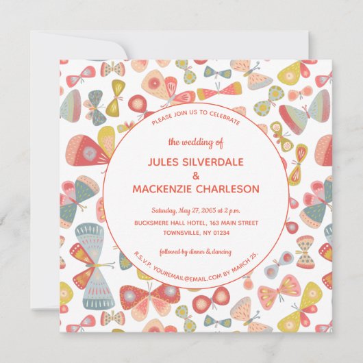 Boterfly roze groene bruiloft kaart (Voorkant)