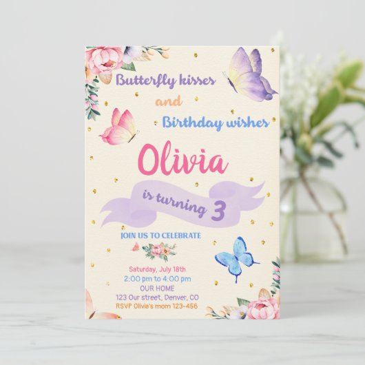 Boterfly verjaardagsuitnodiging Butterfly kisses Kaart (Staand voorkant)