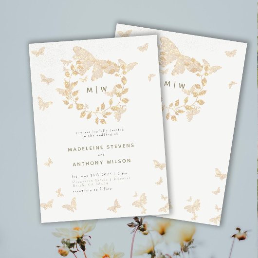 Boterfly Wedding Gold Monogrammen met grote elegan Kaart
