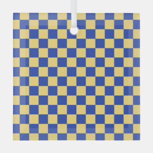 Botergeel en blauw geruit bordpatroon glas ornament