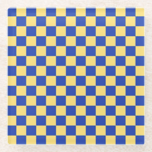 Botergeel en blauw geruit bordpatroon glazen onderzetter