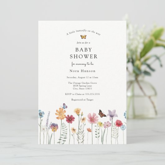 Botervlieg en bloemen Baby shower van wilde bloeme Kaart (Staand voorkant)