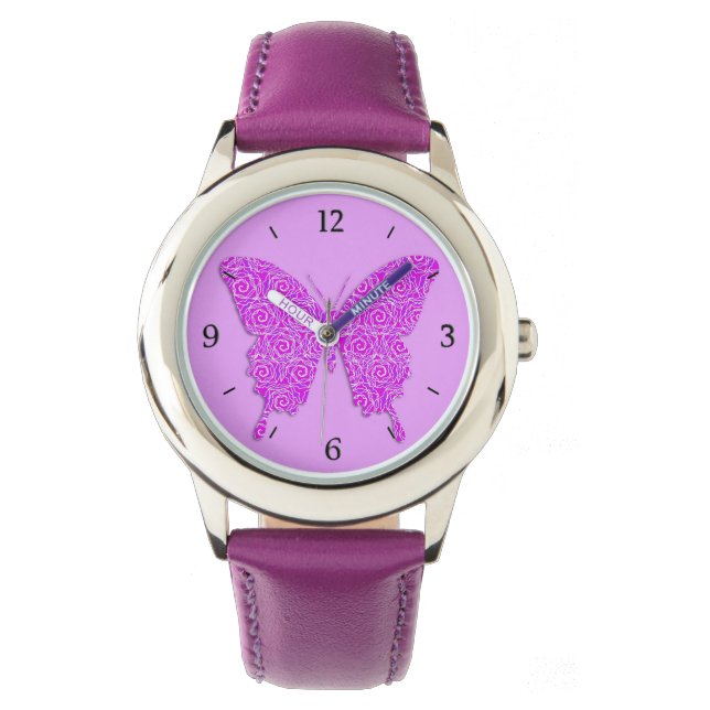 Botervlieg in abstract patroon - lavender, paars horloge (Voorkant)