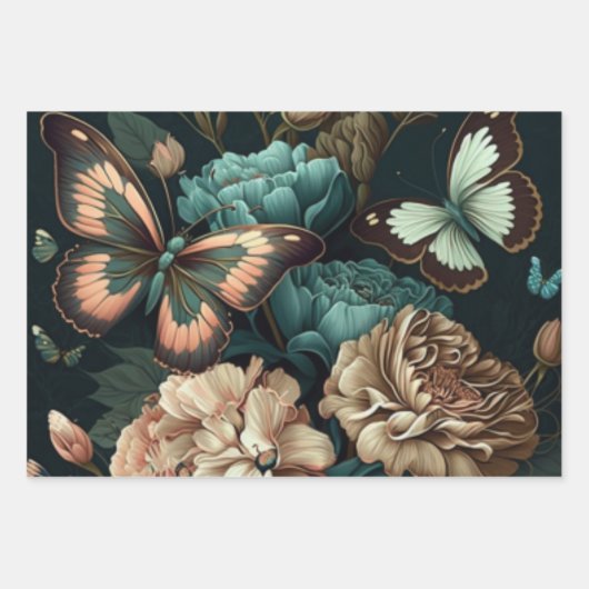 Botervliegen en bloemen, donkerklassiek ontwerp inpakpapier vel (Voorkant 3)