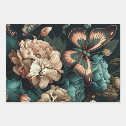 Botervliegen en bloemen, donkerklassiek ontwerp inpakpapier vel (Voorkant)