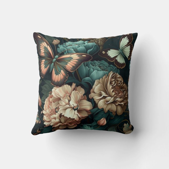 Botervliegen en bloemen, donkerklassiek ontwerp kussen (Achterkant)