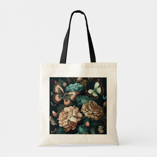 Botervliegen en bloemen, donkerklassiek ontwerp tote bag (Achterkant)
