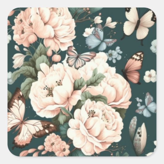 Botervliegen en bloemen vierkante sticker (Voorkant)