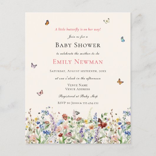 Botervliegen en Wildbloemen Baby shower begroting (Voorkant)