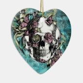 Botervliegerrook schedel in blauw roze en geel. keramisch ornament (Rechts)