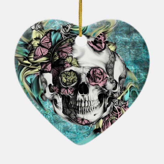 Botervliegerrook schedel in blauw roze en geel. keramisch ornament (Achterkant)