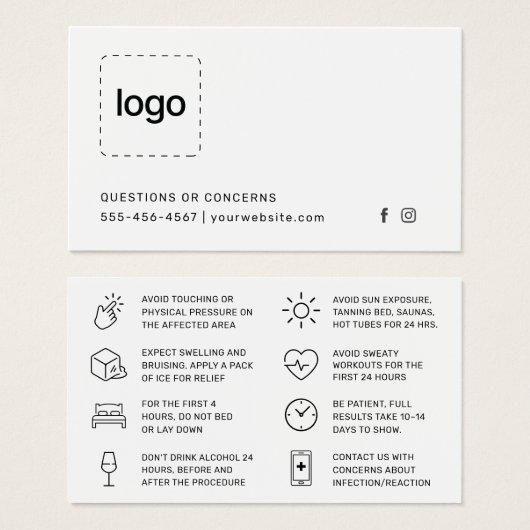 Botox Filler Injection Aftercare Instruction Card (Devant & derrière)