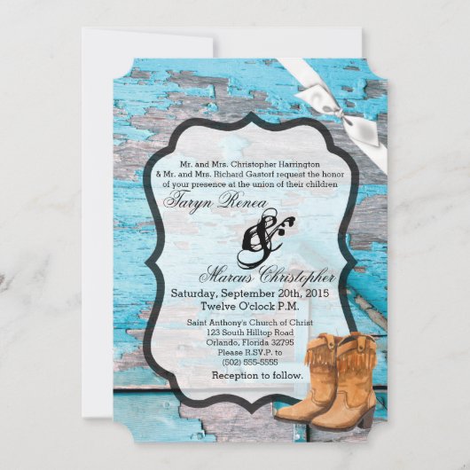 Botte de porte en bois bleu Faire-part de mariage  (Devant)