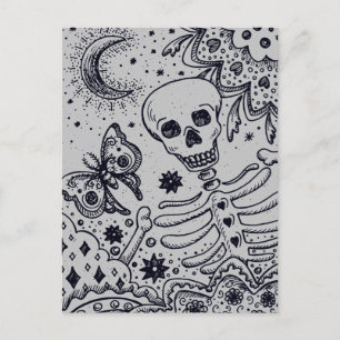 BOTTEN IN DE GARDEN SKELETON, FOLK ART MOON FEESTDAGENKAART