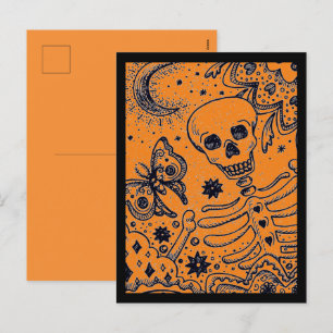 BOTTEN IN DE GARDEN SKELETON, FOLK ART MOON FEESTDAGENKAART