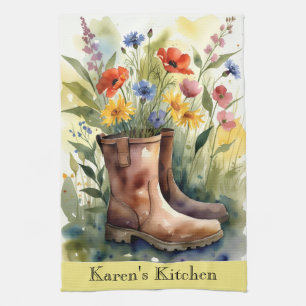 Bottes de jardin floral et serviette de cuisine à