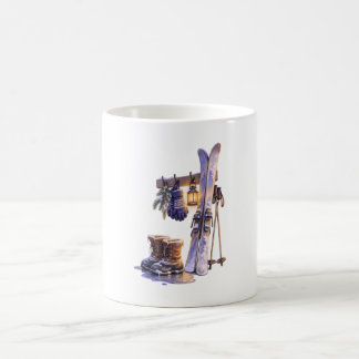 Bottes de ski d'hiver et mug de café à lanterne