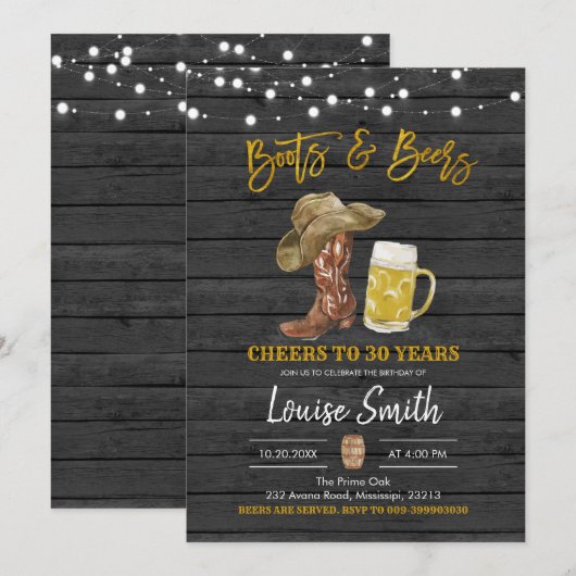 Bottes et bières Adultes Invitation d'anniversaire (Devant / Derrière)