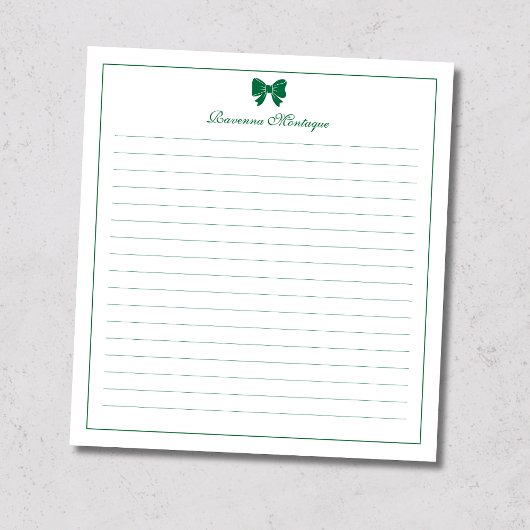 Bottle Green Bow Border Custom Name Lined Notitieblok