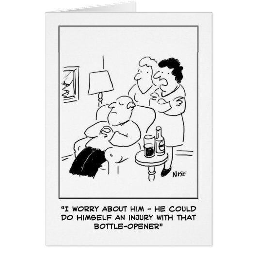 Bottle opener injury cartoon Greetings Card (Devant)