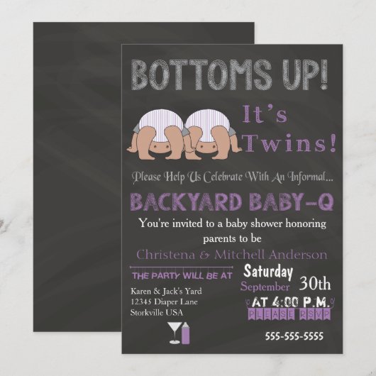 Bottoms Up Twins Baby-Q Baby shower Uitnodiging (Voorkant / Achterkant)
