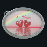 Boucle De Ceinture Ovale 40e Anniversary Ruby Hearts<br><div class="desc">Une idée cadeau unique pendant 40 ans ensemble,  cette boucle de ceinture a mon image de 2 coeurs rouges rubis flottant sur l'eau sous un arc-en-ciel. Le texte personnalisable dit "40 ans".</div>