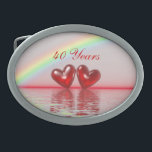 Boucle De Ceinture Ovale 40e Anniversary Ruby Hearts<br><div class="desc">Une idée cadeau unique pendant 40 ans ensemble,  cette boucle de ceinture a mon image de 2 coeurs rouges rubis flottant sur l'eau sous un arc-en-ciel. Le texte personnalisable dit "40 ans".</div>