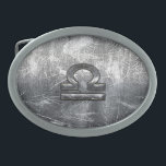 Boucle De Ceinture Ovale Acier industriel affligé par symbole de zodiaque<br><div class="desc">Un symbole de zodiaque de Balance à l'arrière-plan en acier grunge argenté d'impression de texture de conception de style. Une conception mordante urbaine moderne pour une grande idée faite sur commande de cadeau d'anniversaire. Les conceptions de broderie sont disponibles dans une sélection des options populaires de couleur. Employez le lien...</div>