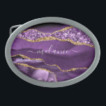 Boucle De Ceinture Ovale Agate Purple Gold Belt Buckest avec nom personnali<br><div class="desc">Nom personnalisé personnalisé Boucle de ceinture avec Agate Violet Or Parties scintillant Géode Boucles de ceinture en marbre - Votre anniversaire - Anniversaire ou Mariage Cadeau / Fournisseur - Ajouter votre nom - Texte ou Supprimer - Faire votre cadeau spécial - Redimensionner et déplacer ou ajouter du texte / des...</div>