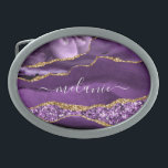 Boucle De Ceinture Ovale Agate Purple Gold Marble Nom personnalisé Ceinture<br><div class="desc">Nom personnalisé personnalisé Boucle de ceinture avec Agate Violet Or Parties scintillant Géode Boucles de ceinture en marbre - Votre anniversaire - Anniversaire ou Mariage Cadeau / Fournisseur - Ajouter votre nom - Texte ou Supprimer - Faire votre cadeau spécial - Redimensionner et déplacer ou ajouter du texte / des...</div>