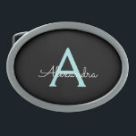 Boucle De Ceinture Ovale Aqua Teal Blue Script Girly Monogram<br><div class="desc">Noir et Aqua Bleu Turquoise Simple Script Monogramme Nom Belt Buckle. Cela rend la graduation parfaite, doux 16 16ème, 18ème, 21ème, 30ème, 40ème, 50ème, 60ème, 70ème, 80ème, 90ème, 100ème anniversaire, mariage, douche nuptiale, anniversaire, baby shower ou cadeau de fête de bachelorette pour quelqu'un qui aime les styles glam luxe et...</div>