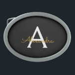 Boucle De Ceinture Ovale Black Gold Modern Script Girl Monogramme Nom<br><div class="desc">Noir et Or Simple Script Monogramme Nom Ceinture Boucle. Cela rend la graduation parfaite, doux 16 16ème, 18ème, 21ème, 30ème, 40ème, 50ème, 60ème, 70ème, 80ème, 90ème, 100ème anniversaire, mariage, douche nuptiale, anniversaire, baby shower ou cadeau de fête de bachelorette pour quelqu'un qui aime les styles glam luxe et chic .....</div>
