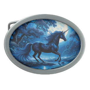 Boucle De Ceinture Ovale Black Unicorn Blue Sky Pleine lune magique