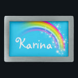 Boucle de ceinture ovale bleue lumineuse<br><div class="desc">La boucle de ceinture nommée d'arc-en-ciel,  actuellement indique,  Karina ou personnalise avec le nom de votre choix (jusqu'à 6 lettres seulement). Conception inspirée des nombreux beaux arcs-en-ciel ici dans Victoria,  Australie. Article conçu exclusivement par Sarah Trett.</div>