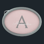 Boucle De Ceinture Ovale Blush Pink Grey Modern Script Girly Monogram<br><div class="desc">Blush Pink and Grey Simple Script Monogramme Nom Belt Buckle. Cela rend la graduation parfaite, doux 16 16ème, 18ème, 21ème, 30ème, 40ème, 50ème, 60ème, 70ème, 80ème, 90ème, 100ème anniversaire, mariage, douche nuptiale, anniversaire, baby shower ou cadeau de fête de bachelorette pour quelqu'un qui aime les styles glam luxe et chic...</div>