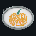 Boucle De Ceinture Ovale Bonne lettre Halloween sur citrouille sculpté<br><div class="desc">Typographie stylisée Happy Halloween sculpté sur dessin citrouille à plat</div>