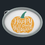 Boucle De Ceinture Ovale Bonne lettre Halloween sur citrouille sculpté<br><div class="desc">Typographie stylisée Happy Halloween sculpté sur dessin citrouille à plat</div>