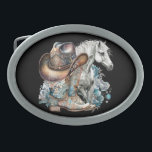 Boucle De Ceinture Ovale Botte de cheval Cowgirl bottes de cowboy casquette<br><div class="desc">Cowgirl,  design amateur de cheval avec bottes cowboy,  casquette cowboy,  un cheval magnifique,  fleurs turquoise et nom personnalisé ou tout texte. Occidental,  design de campagne.</div>