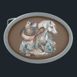 Boucle De Ceinture Ovale Botte de cheval Cowgirl bottes de cowboy casquette<br><div class="desc">Cowgirl,  design amateur de cheval avec bottes cowboy,  casquette cowboy,  un cheval magnifique,  fleurs turquoise et nom personnalisé ou tout texte. Occidental,  design de campagne.</div>