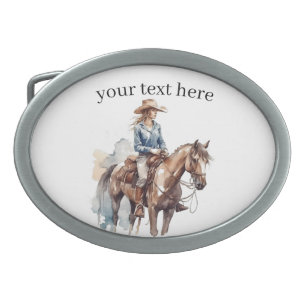 Boucle De Ceinture Ovale brunette cowgirl à cheval en aquarelle
