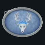 Boucle De Ceinture Ovale Chef d'Imaginaire blanc Cerf Antlers Trois Rose bl<br><div class="desc">Cette boucle de ceinture est un bleu brumeux avec la tête d'un cerf d'imaginaire blanc avec de grands bois et trois grands roses bleus sur le dessus de sa tête.</div>