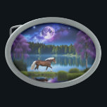Boucle De Ceinture Ovale Cheval belge Palomino sous ciel étoilé violet<br><div class="desc">Beau Palomino Belge Cheval se promenant autour d'un lac sous une pleine lune et étoile nebula plein ciel AI Généré art par minx267</div>