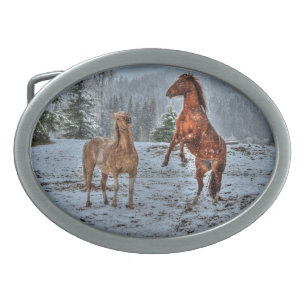 Boucle De Ceinture Ovale Cheval d'hiver et Stallion en terrain neigeux 2
