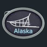 Boucle De Ceinture Ovale Chien<br><div class="desc">Une silhouette blanche d'un traîneau à chiens sur un arrière - plan starfield. Le texte "Alaska" apparaît en bleu et blanc brillant.</div>