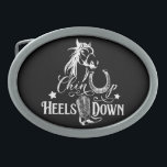 Boucle De Ceinture Ovale Chin up talons bas cowgirl cheval amoureux équitat<br><div class="desc">Citation de cowgirl "Chin up heels down", boucle de ceinture d'amoureux des chevaux. Équitation, western, design de campagne avec cheval, chaussures de cheval et bottes de cowboy occidental en noir et blanc. Vous pouvez transférer cette conception à n'importe quel autre produit sur Zazzle, regardez : "Transférer la conception à un...</div>