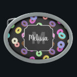 Boucle De Ceinture Ovale Cool amusant beignets colorés motif noir Monogramm<br><div class="desc">Personnalisez avec votre initiale et votre nom. Cool et amusant beignets colorés motif. Motif fait à partir d'illustrations de nombreux beignets de pâtisserie délicieux avec toutes sortes de vitrages colorés, chocolat, vanille et toutes les couleurs, bleu, jaune, rose, pourpre, cyan.. beignets, beignets, colorés, délicieux, nourriture, glaçures, arrosées, chocolat, saupoudrée, motif,...</div>