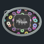 Boucle De Ceinture Ovale Cool amusant beignets colorés motif noir Monogramm<br><div class="desc">Personnalisez avec votre initiale et votre nom. Cool et amusant beignets colorés motif. Motif fait à partir d'illustrations de nombreux beignets de pâtisserie délicieux avec toutes sortes de vitrages colorés, chocolat, vanille et toutes les couleurs, bleu, jaune, rose, pourpre, cyan.. beignets, beignets, colorés, délicieux, nourriture, glaçures, arrosées, chocolat, saupoudrée, motif,...</div>