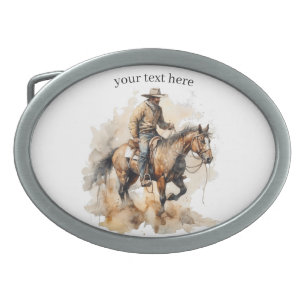 Boucle De Ceinture Ovale cowboy à cheval brun en aquarelle