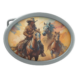 Boucle De Ceinture Ovale Cowboy Chevaux Occidentaux bleu Tan Collage
